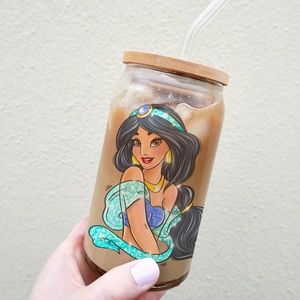 Disney Princess Jasmine 16oz can glass with bamboo lid & straw